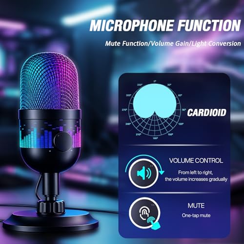 Gaming Microphone, USB Dynamic Gaming Mic for PC, Computer Gaming Streaming Mic with RGB Light, Mute Button, Gain Control, Desktop Podcast Mic for Recording Studio Twitch YouTube - RK102