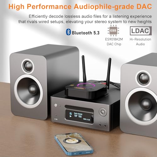 1Mii B06Ultra Bluetooth 5.3 Receiver with LDAC for Hi-Res Wireless Audio, HiFi Bluetooth Audio Adapter w/Audiophile DAC, 3D Surround aptX HD Low Latency, Optical AUX 3.5mm Coaxial for Home Stereo - color: B06Ultra Black