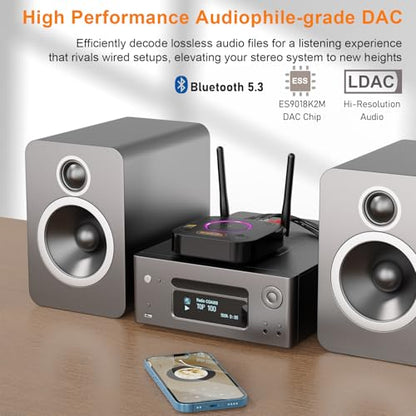 1Mii B06Ultra Bluetooth 5.3 Receiver with LDAC for Hi-Res Wireless Audio, HiFi Bluetooth Audio Adapter w/Audiophile DAC, 3D Surround aptX HD Low Latency, Optical AUX 3.5mm Coaxial for Home Stereo - color: B06Ultra Black