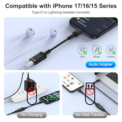 USB C to Lightning Headphone Audio Adapter for iPhone 17e 17 Air Pro Max Air 16 15 Plus,USB C Male to Lightning Female Ear Buds Adapter Dongle Converter for Samsung Galaxy S26 Ultra S26+ (NO Charge) - color: Black