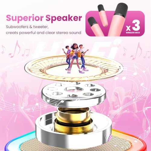 Mini Karaoke Machine, Portable Bluetooth Speaker & 3 Wireless Microphones | Karaoke Player Karaoke Microphone For Family Home Party Outdoor With HI-FI Sound | 5 Magic Sound | PA System | USB | TF | AUX - color: Lavender