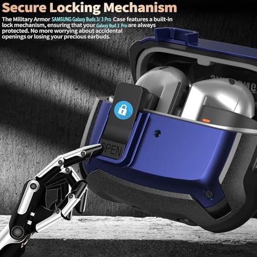 Galaxy Buds 3 Pro/3/3 FE Case Cover with Secure Lock Clip, Shockproof Samsung Galaxy Buds3/3 Pro 2024/3 FE 2025 Protective Hard Cover Shell with Carabiner&Cleaner kit for Men Womenn, Black/Blue - color: Black/Blue