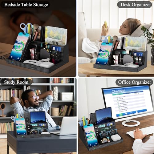TopMade Wireless Charger Nightstand Organizer, Multi-functional Leather Home Office Supplies, Fast Charging Station for iPhone, Remote Control Pen Holder, Desktop Storage (Black Carbon Fiber) - color: Black Carbon Fiber