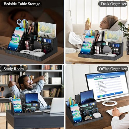 TopMade Wireless Charger Nightstand Organizer, Multi-functional Leather Home Office Supplies, Fast Charging Station for iPhone, Remote Control Pen Holder, Desktop Storage (Black Carbon Fiber) - color: Black Carbon Fiber