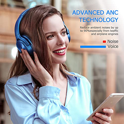 ZIHNIC Active Noise Cancelling Headphones, 40H Playtime Wireless Bluetooth Headset with Deep Bass Hi-Fi Stereo Sound,Over-Ear Headphone,Comfortable Earpads for Travel/Home/Office (Blue) - color: Blue