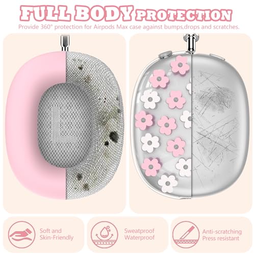 for Apple AirPods Max,Clear Flower Soft TPU Case for Women Girly,Pink | Ear Pad Case Cover/Ear Cups Cover/Headband Cover for AirPods Max Headphones (2024/2020)Transparent AirPod Max (USB-C) - color: Pink Flower