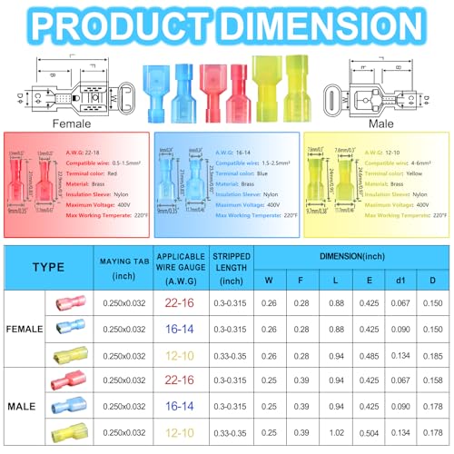 100PCS Nylon Spade Quick Disconnect Connectors Kit 22-10 AWG Male and Female Electrical Wire Connectors Kit Electrical Insulated Wire Crimp Cold-Pressed Terminals for Automotive,Electronics - size: Female&Male(100PCS)