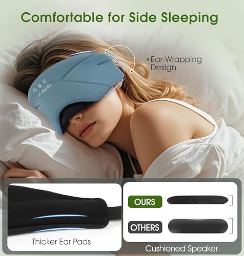 Sleep Mask with Headphones Bluetooth 5.4, LC-dolida Soft Bamboo Cotton Wireless Bluetooth Sleep Mask, Music Sleeping Headphones Cooling & Breathable, Ultra-Thin Stereo Speaker for Side Sleepers - color: Ash Blue