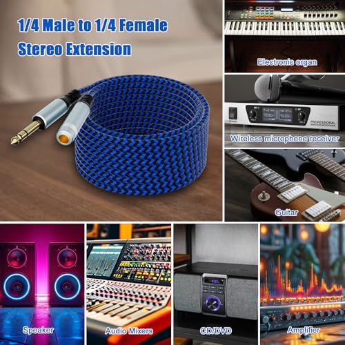 1/4 Inch Extension Cable 6ft, 6.35mm TRS Male to Female Stereo Audio Adapter Cord, Nylon Braided Heavy Duty 1/4" Jack Extender for Headphones, Guitar, Amp, Mixing Console (Not for 3.5mm) - size: 6ft