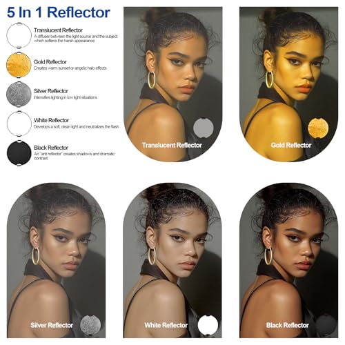 WELLMAKING 32'' Reflector Photography with tilt Adapter for Studio Outdoor | 80cm Light Reflector 5in1, Two 1/4" Grips, Collapsible with Bag High-End Coating Translucent, Silver, Gold, White and Black - size: 32 Inch (80cm)