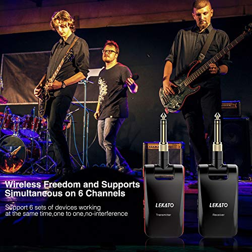 LEKATO Wireless Guitar System 2.4GHz Rechargeable Audio Wireless Transmitter Receiver 6 Channels for Guitar Bass Electric Instruments, Stereo and Mono 1/4” & 1/8” 2 in 1 Plugs,Black(WS-60) - color: black