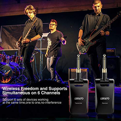 LEKATO Wireless Guitar System 2.4GHz Rechargeable Audio Wireless Transmitter Receiver 6 Channels for Guitar Bass Electric Instruments, Stereo and Mono 1/4” & 1/8” 2 in 1 Plugs,Black(WS-60) - color: black