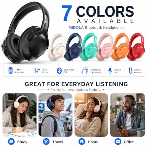 Bluetooth Headphones Wireless 68H with Mic,Decent Sound-Acceptable Black | Adjustable Headband Foldable Over-Ear Lightweight for Office/Travel/Tablet/iPad/Laptop,HD Stereo Sound,Aux 3.5mm,Black - color: Black