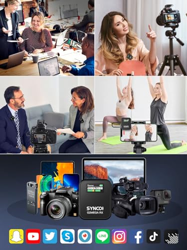 SYNCO Wireless Microphone System with Charging Case, G2A2 MEGA Dual Transmitter 8GB Storage of 24H 656ft Video Recording Streaming for Camera/Phone/PC/Laptop, Wireless-Lav-Mic-for-Camera | 24Bit Dual Channel Professional Mic for Creators, Noise Canceling