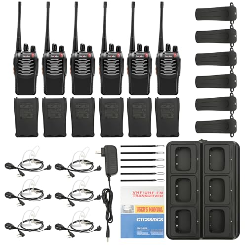 Walkie Talkies 6 Pack with Charging Base, 16 Channel Two Way Radio | Auto Squelch & VOX Hands-Free Walkie Talkies with 6-Way Charger, Rechargeable 1500mAh Li-ion Battery & Earpiece Sets