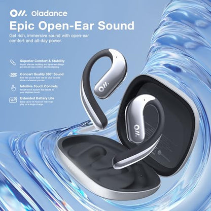 Oladance OWS Pro Open-Ear True Wireless Headphones, 16-Hour Playtime | Bluetooth 5.3, Dual-Device Connectivity, Amplifier Chip, Virtual Bass, Liquid Silicone, Titanium Frame, Comfortable Fit - color: Silver