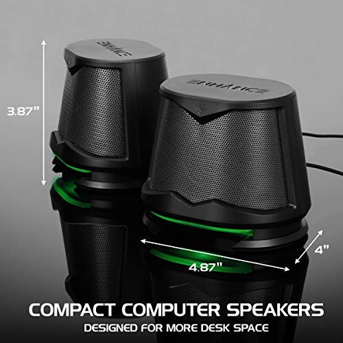 ENHANCE SB2 USB Computer Speakers, 2.0 Stereo with Green LED Lighting, 10W Peak High Excursion Drivers, 3.5 mm Aux, in Line Volume and Light Switch, PC Laptop Desktop - color: Green