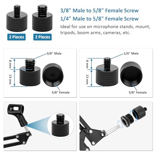 14 Pcs Mic Stand Adapter Set with 2 Extension Tubes, 1/4 to 5/8 & 3/8 to 5/8 Threaded Screw Mount for Microphone Boom Arm, Camera Tripod, Shock Mount(Black)