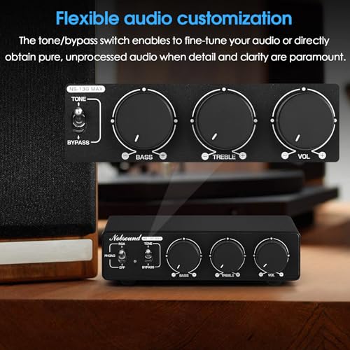 Nobsound 300Wx2 Stereo Amplifier with Phono Input - HiFi Class D Mini Power Amp for Home Theater, Turntables, Studio Monitor | TPA3255 Chip, RCA/MM Inputs, Bass/Treble Control (NS-13G MAX DC 48V)