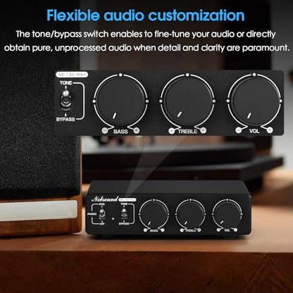 Nobsound 300Wx2 Stereo Amplifier with Phono Input - HiFi Class D Mini Power Amp for Home Theater, Turntables, Studio Monitor | TPA3255 Chip, RCA/MM Inputs, Bass/Treble Control (NS-13G MAX DC 48V)