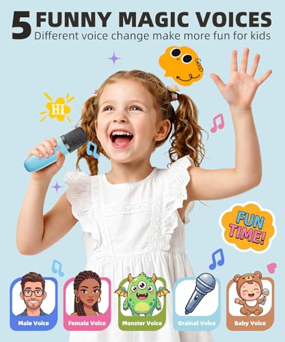 Mini Kids Karaoke Machine Ages 3-12, Wireless Microphones Bluetooth Speaker | LED Party Lights, Voice Changer, Duets, BT 5.3, Rechargeable Portable, Birthday Christmas Toys & Gifts for Boys & Girls - color: Blue - 1 Mic