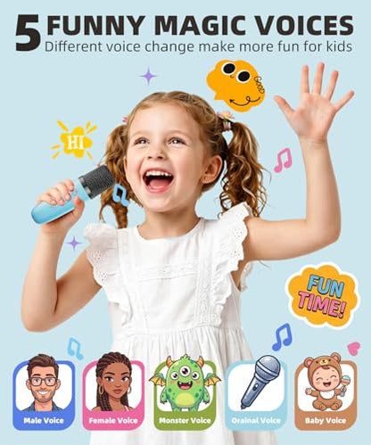 Mini Kids Karaoke Machine Ages 3-12, Wireless Microphones Bluetooth Speaker | LED Party Lights, Voice Changer, Duets, BT 5.3, Rechargeable Portable, Birthday Christmas Toys & Gifts for Boys & Girls - color: Blue - 1 Mic