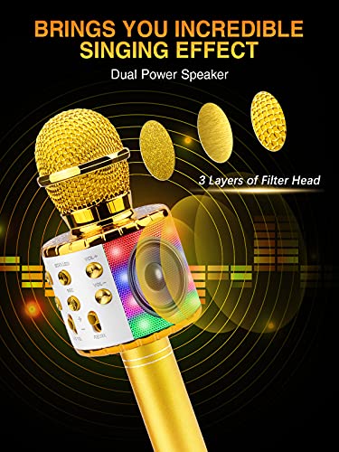 BlueFire 4 in 1 Karaoke Wireless Microphone with LED Lights, Portable Microphone for Kids, Great Gifts Toys for Kids, Girls, Boys and Adults (Gold) - color: gold