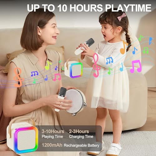 Kids Karaoke Machine Toy Ages 3-12, 2 Wireless Mics BT Speaker, Cream | Voice Changer, LED Party Lights, Duets, BT 5.3, Mini Rechargeable Portable, Christmas Birthday Gifts for Toddler Boys & Girls - color: Cream - 2