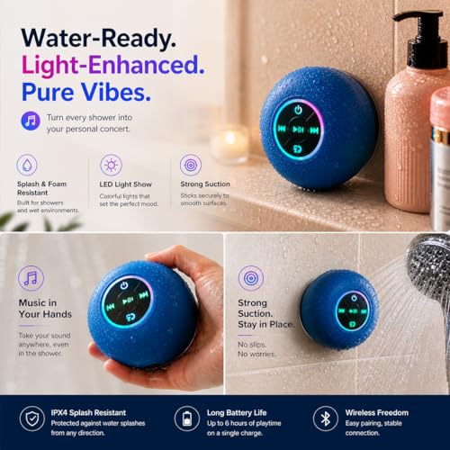 Bluetooth Shower Speaker with LED – Portable Wireless Mini Speaker with Mic & Suction Cup, IPX4 Water Resistant for Shower, Travel, Pool, River Floating, and Outdoor Fun (Blue) - color: Blue