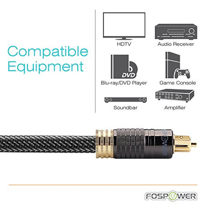 FosPower 24K Gold Plated Toslink Digital Fiber Optical Audio Cable (S/PDIF) - [Zero RFI & EMI Interference] Metal Connectors & Ultra Durable Nylon Braided Jacket (3ft) - size: 3FT