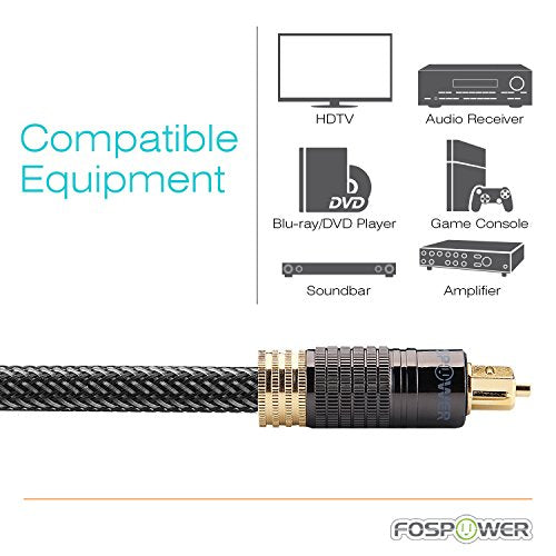FosPower 24K Gold Plated Toslink Digital Fiber Optical Audio Cable (S/PDIF) - [Zero RFI & EMI Interference] Metal Connectors & Ultra Durable Nylon Braided Jacket (6ft - 2Pack) - size: 6FT/2Pack