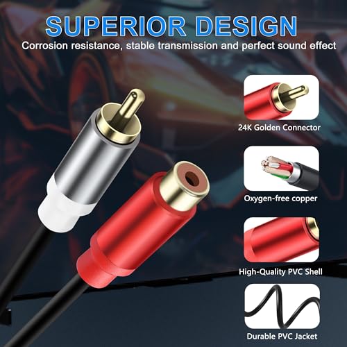 JSADZJK 2 RCA Male to Female Stereo Audio Cable - 0.3M/0.98Ft Gold-Plated Dual RCA Connector Jack Plug for Audio/Video/Subwoofer/Auxiliary