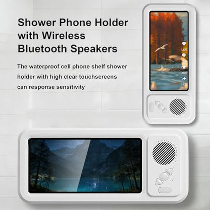 Wall Mount Shower Phone Holder Waterproof,Bathroom Accessories,Waterproof Phone Case,Shower Phones Holder with Speaker,360° Rotation,Retractable Adjustable Bathroom Case Mount Shelf - color: White
