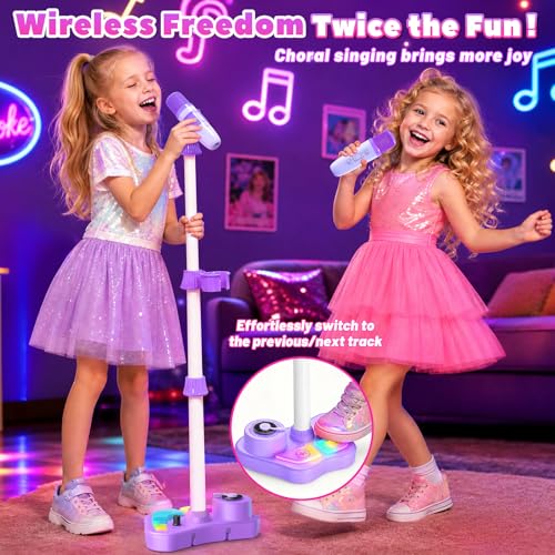 Kids Stand Rechargeable Karaoke Machine Toys with 2 Wireless Mic, Microphone Gifts for 3 4 5 6 7 8 Year Old Girls Grandkids, Bluetooth Speaker with LED Lights Birthday Gift for Age 3-8 - color: Purple