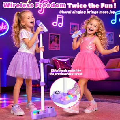 Kids Stand Rechargeable Karaoke Machine Toys with 2 Wireless Mic, Microphone Gifts for 3 4 5 6 7 8 Year Old Girls Grandkids, Bluetooth Speaker with LED Lights Birthday Gift for Age 3-8 - color: Purple