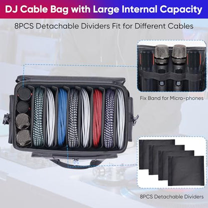 Large DJ Cable File Bag with Multi-Compartment & Pocket for Music Equipment | Large Capacity with 8 Detachable Dividers, Soft Thick Padded, Multi-pocket, Adjustable Shoulder Strap and Carry Handle