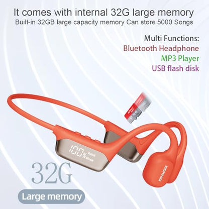 Swimming Headphones Bone Conduction Open Ear Headset MP3 Player Built-in 32G Memory IP68 Underwater Waterproof Stereo Bluetooth Earphone LED Screen for Driving Bicycling Running Skiing-S10 Red - color: Swim Headphone S10 Red