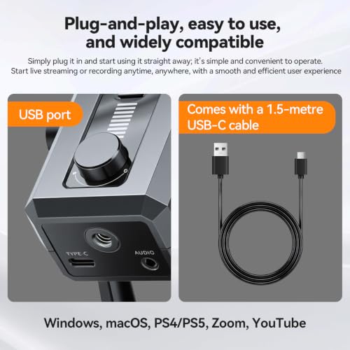 ELUTENG USB Gaming Microphone RGB Lighting Noise Cancelling | PC Streaming, 5ft USB to USB-C Cable, Desktop Mic, Podcasting, Singing, Recording, Meeting
