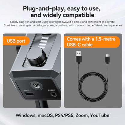 ELUTENG USB Gaming Microphone RGB Lighting Noise Cancelling | PC Streaming, 5ft USB to USB-C Cable, Desktop Mic, Podcasting, Singing, Recording, Meeting