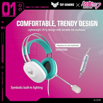 ASUS TUF Gaming H1 Gaming Headset Wired, Discord Certified Mic - Aqua | 40mm Drivers, Virtual 7.1 Surround Sound, TeamSpeak-Certified Mic, Removeable Ear Cushions, for PC, PS5