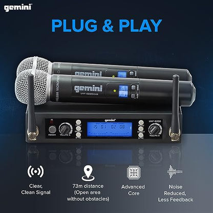 Gemini UHF Dual Wireless Handheld Microphone System (UHF-6200M) | Dual-channel UHF handheld mics, 512-537.5 MHz - auto SYNC pairing - 2 XLR outs + 1/4" summed mix out - LCD, 1U rack mount - style: Dual Wireless Handheld Mic System