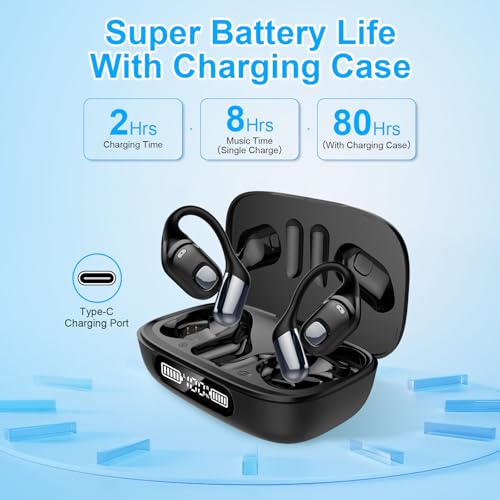 Open Ear Earbuds, Bluetooth 5.3 Wireless Air Conduction Headphones with Mic, LED Display Charging Case&Fast Charging, Ultra-Light Weight, 80H Playtime Earbuds for Work, Sports (Black) - color: Black
