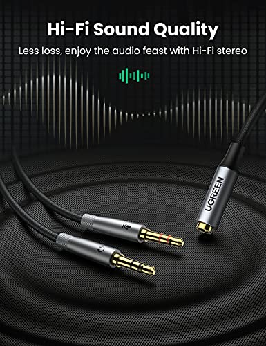 UGREEN Headphone Splitter Cable 3.5mm 2 Male to Female PC Headset Adapter | Connects TRRS Headset to PC with Separate Mic Audio Ports, Oxygen-free Copper, Braided Cable, Aluminum Alloy Case, 7.8 inch