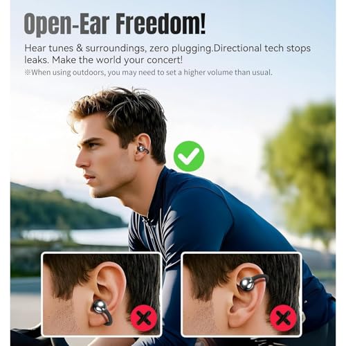 Clip-on Earbuds,Open Ear Wireless Bluetooth 5.4 Earbuds, Lightweiht Open Ear Headphones 30H Long Battery,Sweatproof Air Conduction Earphones for Sport (Black)