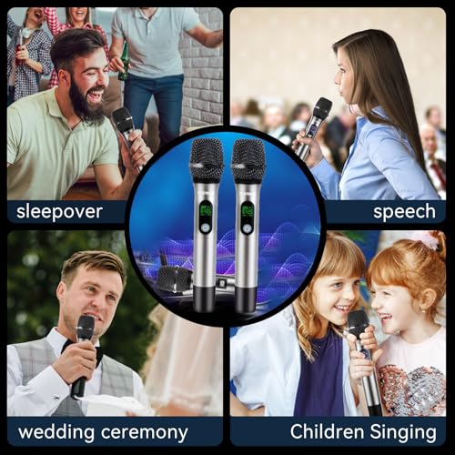 Rechargeable Wireless UHF Handheld Microphone, 200ft Dynamic Mic System | Aluminum alloy body, 6-hour runtime, 2-hour charging, 3.5mm & 6.35mm outputs, ideal for karaoke, weddings, speeches