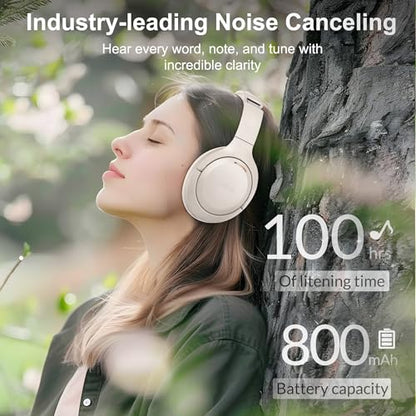 LORELEI QC60 Hybrid Active Noise Cancenlling Headphones,Wireless Over Ear Bluetooth Headsets with mic,100H Playtime ，3 EQ Mode Deep Bass, Memory Earmuffs,for Travel Home Office(Beige White) - color: Beige White