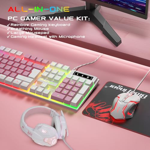 BlueFinger RGB Gaming Keyboard and Backlit Mouse and Headset Combo, USB Wired Backlit Keyboard, LED Gaming Mouse Set, Headset with Microphone for Laptop PC Computer Game and Work (White & Pink) - color: White & Pink
