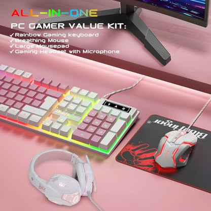 BlueFinger RGB Gaming Keyboard and Backlit Mouse and Headset Combo, USB Wired Backlit Keyboard, LED Gaming Mouse Set, Headset with Microphone for Laptop PC Computer Game and Work (White & Pink) - color: White & Pink