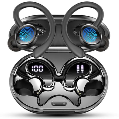 Wireless Earbuds, Bluetooth 5.4 Headphones, 75H Deep Bass Sound, Earhook | Sport, Over Ear Buds, 4 ENC Noise Cancelling Mic, Dual LED Display, IP7 Waterproof Earphones, Workout, Running, Gym - color: Jet-Black