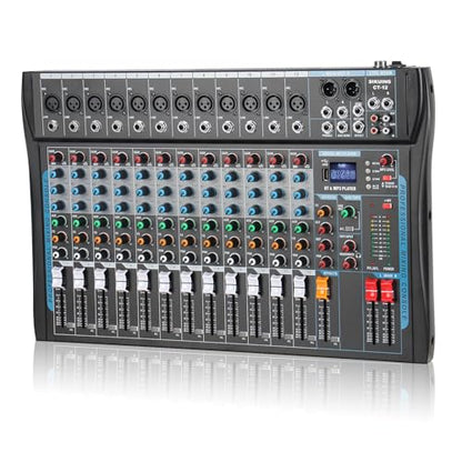 12 Channel Audio Interfacer Sound Board Mixer DJ Mixer 16-Bit DSP Effect USB Audio Mixer +48V Phantom Power Bluetooth Mixer for Karaoke Studio Streaming Recording,Live Streaming